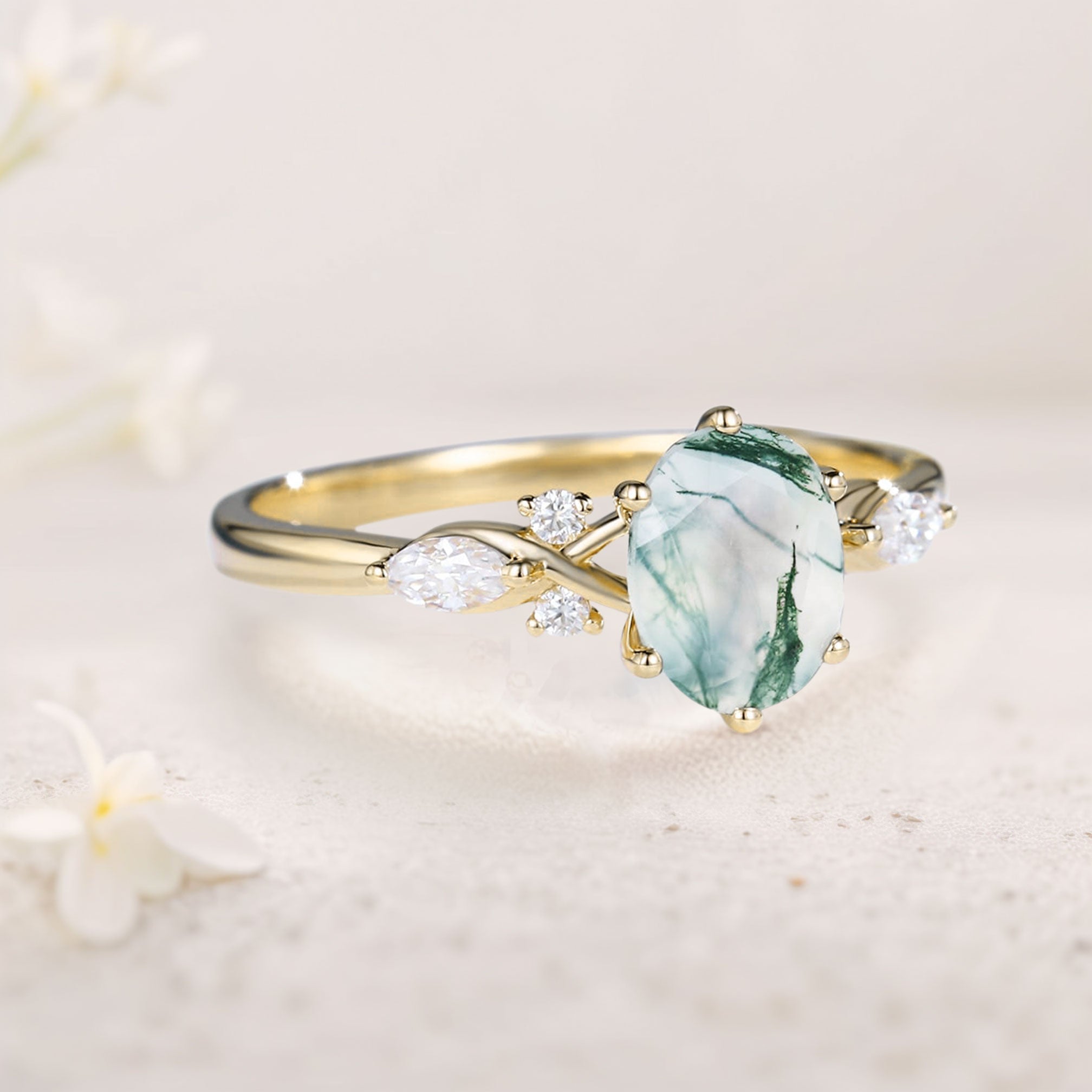 Unique Oval Moss Agate Twist Ring 18K Yellow Gold Engagement Ring