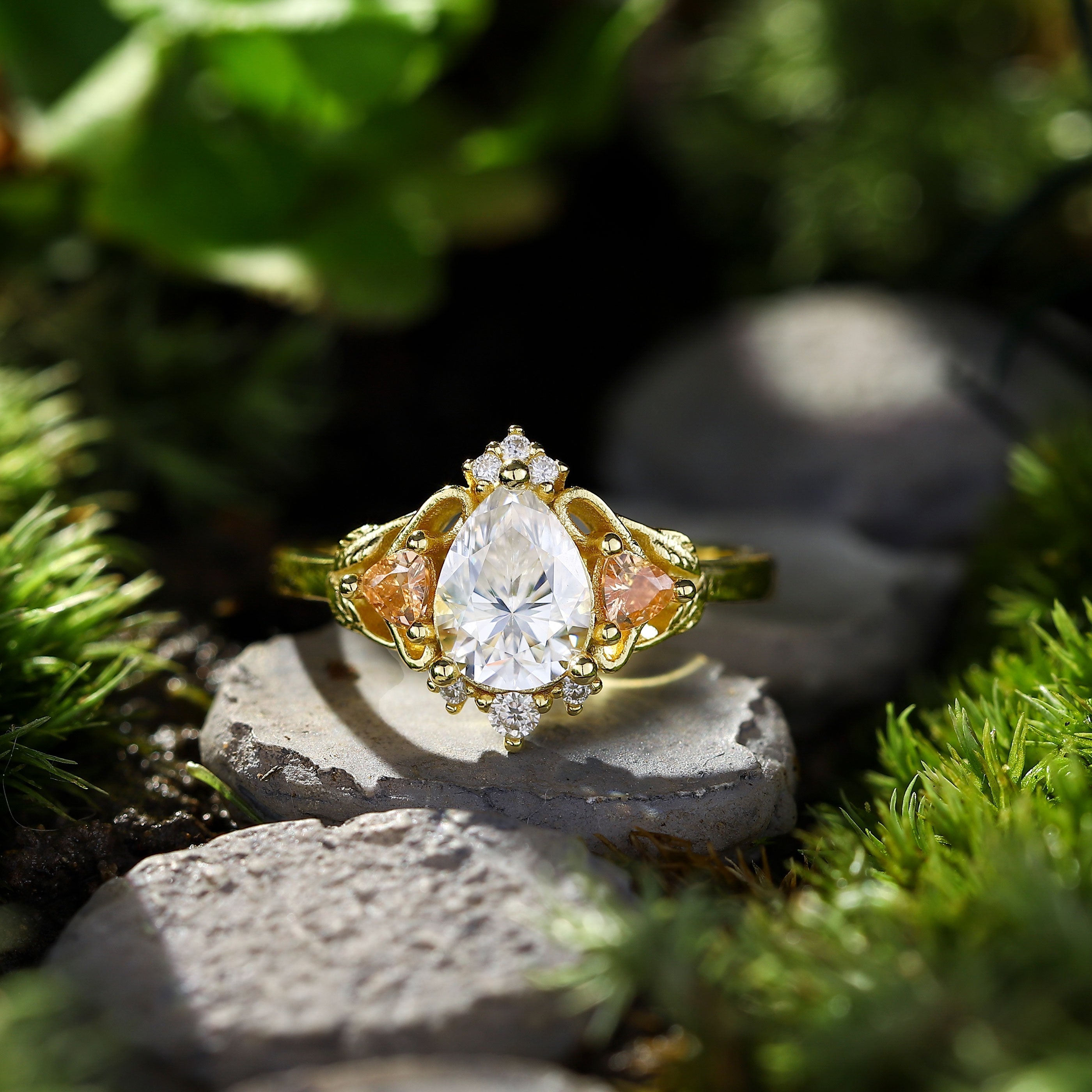 Unique Pear Moissanite Leaf Ring 18K Yellow Gold Engagement Ring