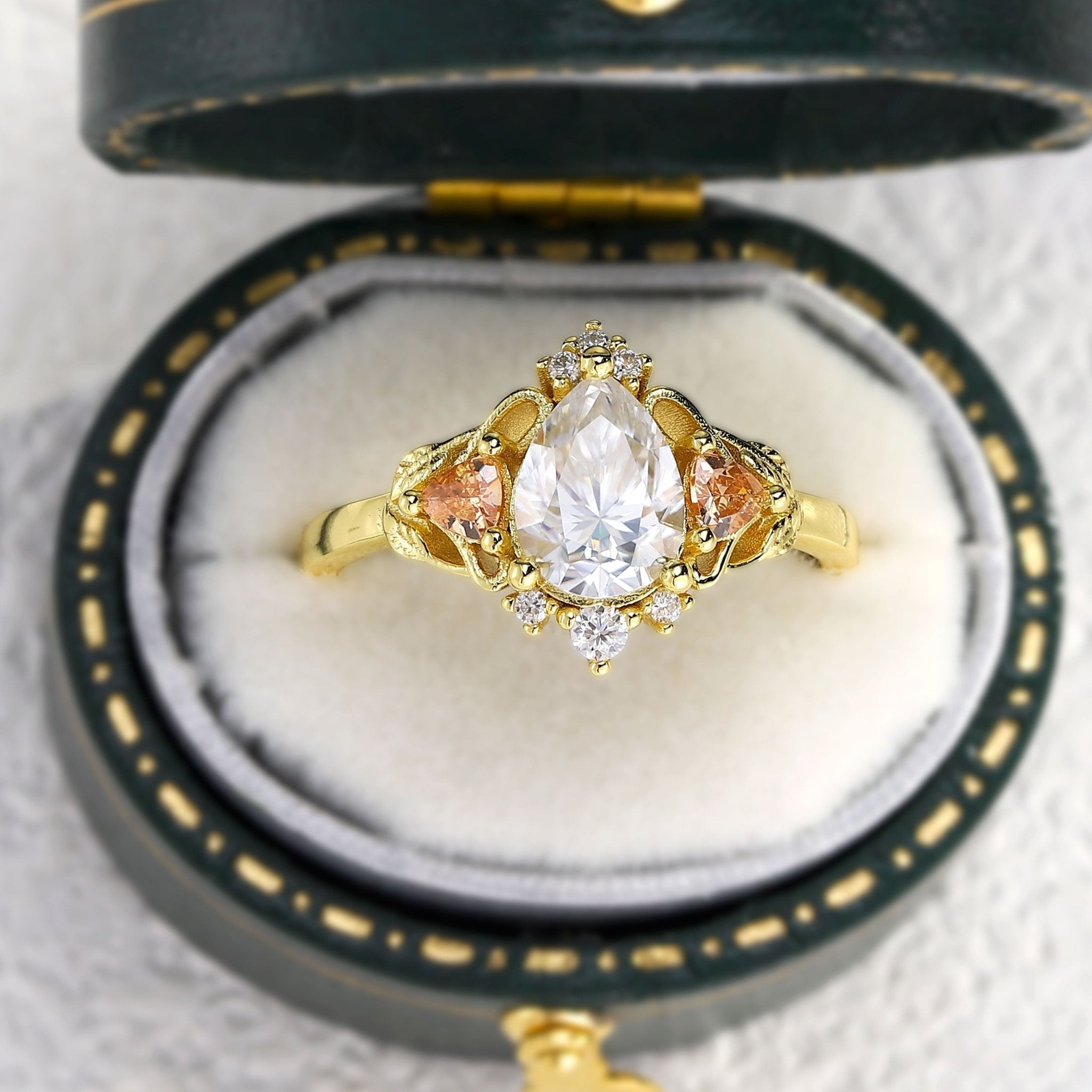 Unique Pear Moissanite Leaf Ring 18K Yellow Gold Engagement Ring