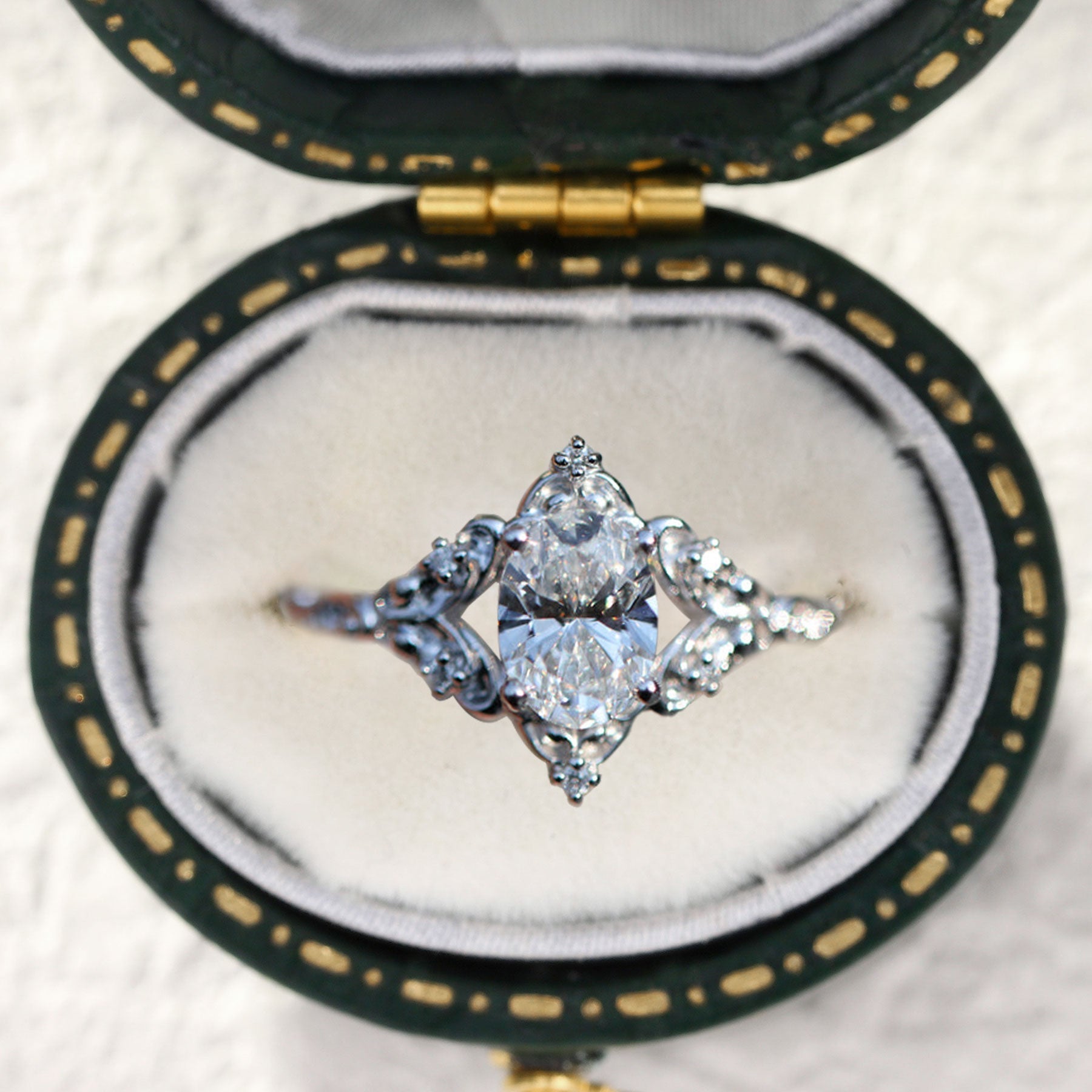 Unique Briar Rose Oval Moissanite 18K White Gold Ring