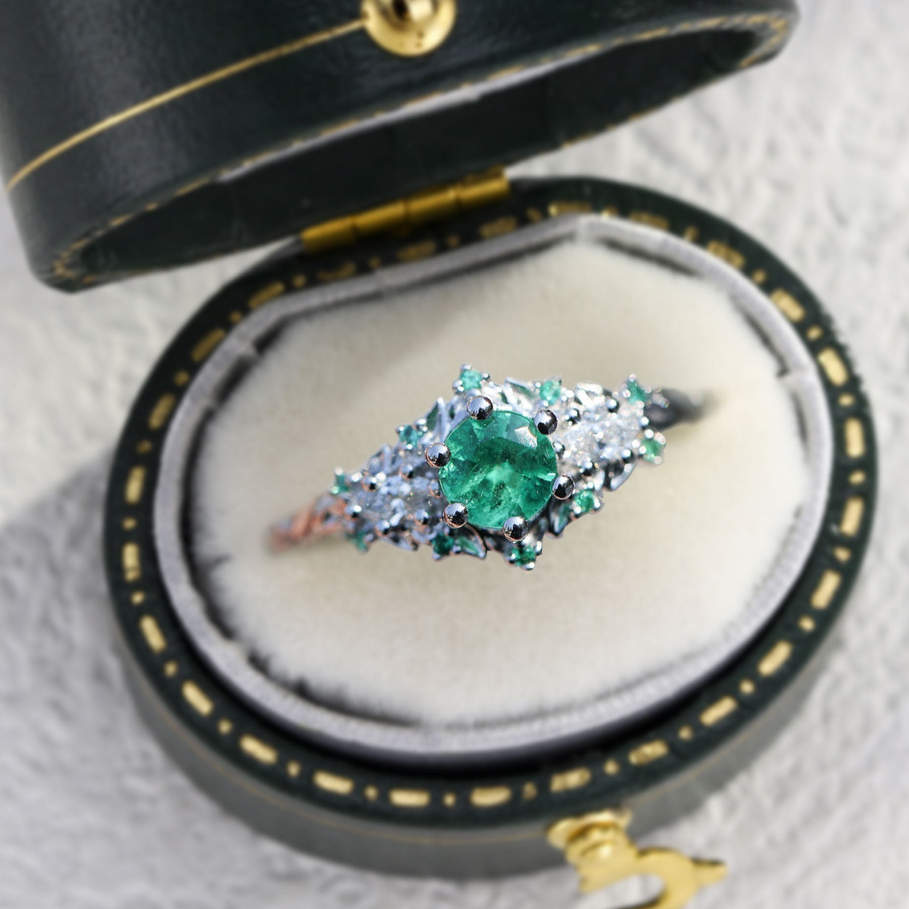 Unique Briar Rose Three Stone Round Lab Emerald 18K Rose Gold Ring