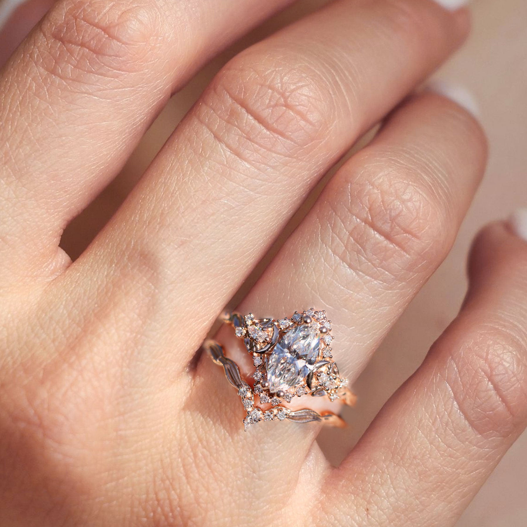 Unique floral engagement rings Marquise Moissanite Wedding Band 18K Rose Gold Engagement Ring