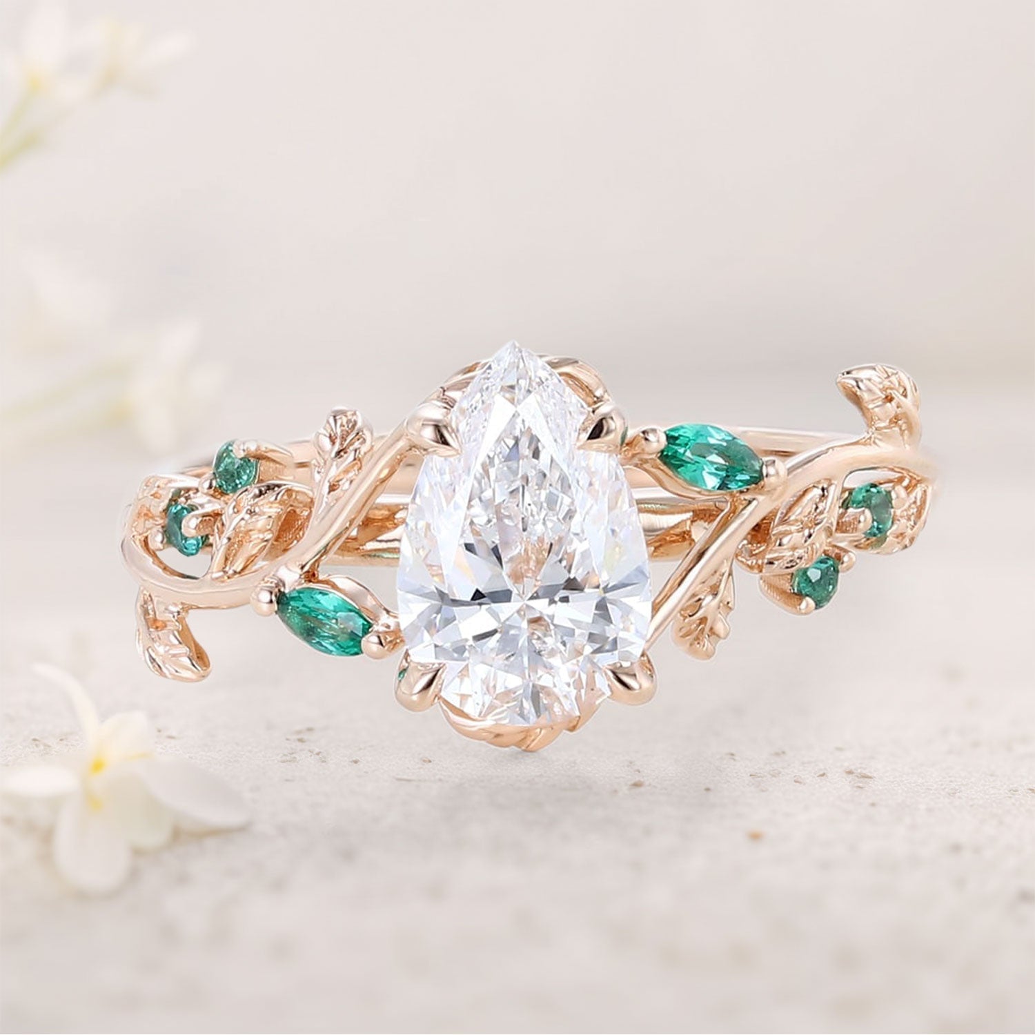 Unique floral engagement rings Pear Moissanite and Emerald 18K Yellow Gold Engagement Ring