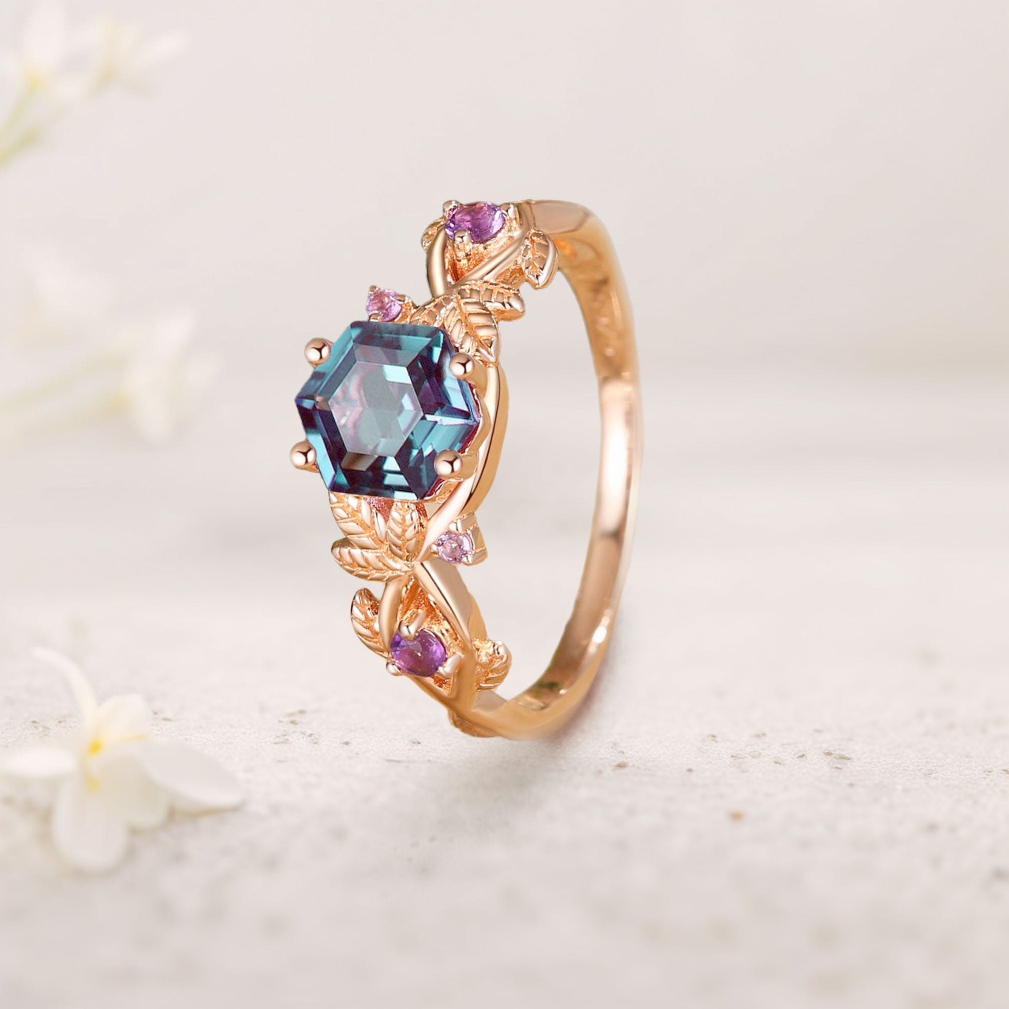 Unique floral engagement rings Hexagon Lab Alexandrite Leafy 18K Yellow Gold Engagement Ring