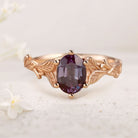 Unique floral engagement rings Oval Lab Alexandrite with Leaves 18K Yellow Gold Engagement Ring