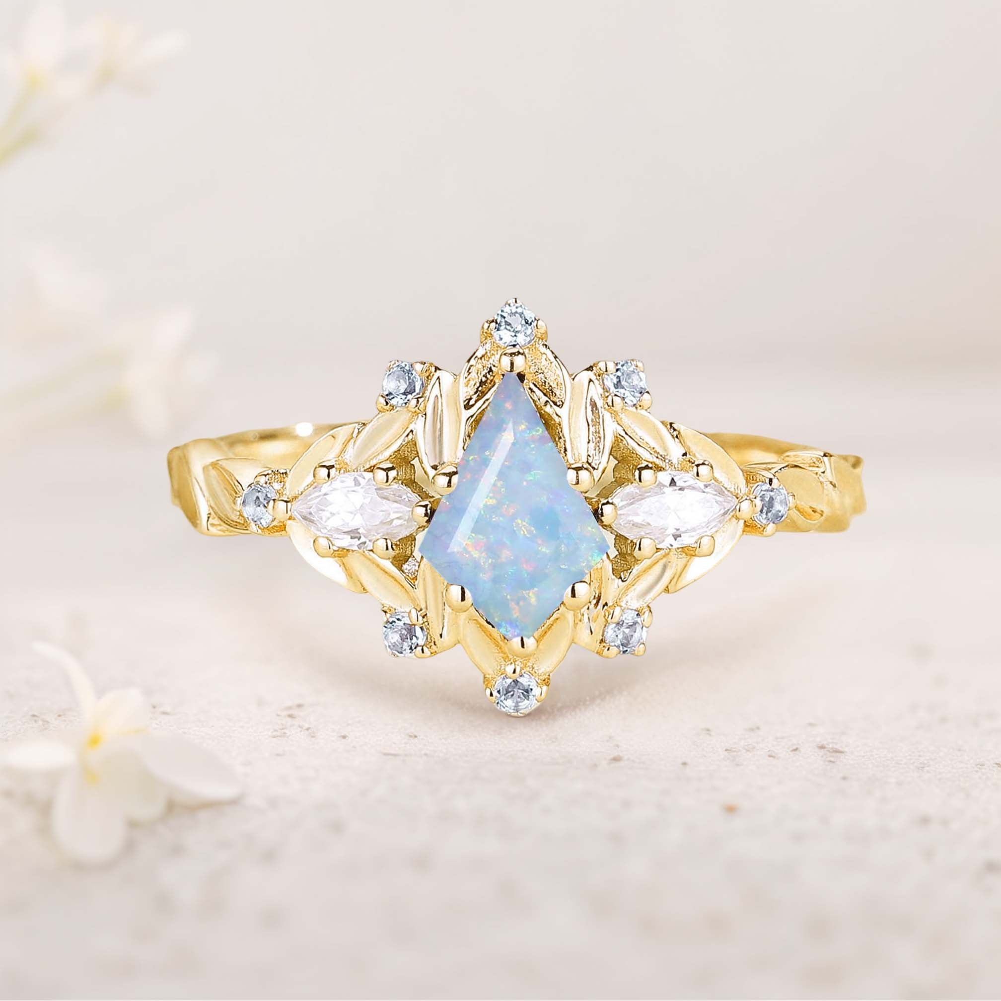 Unique floral engagement rings Kite Lab Opal Engagement Ring Leaf Flower Aquamarine 18K Yellow Gold Wedding Ring
