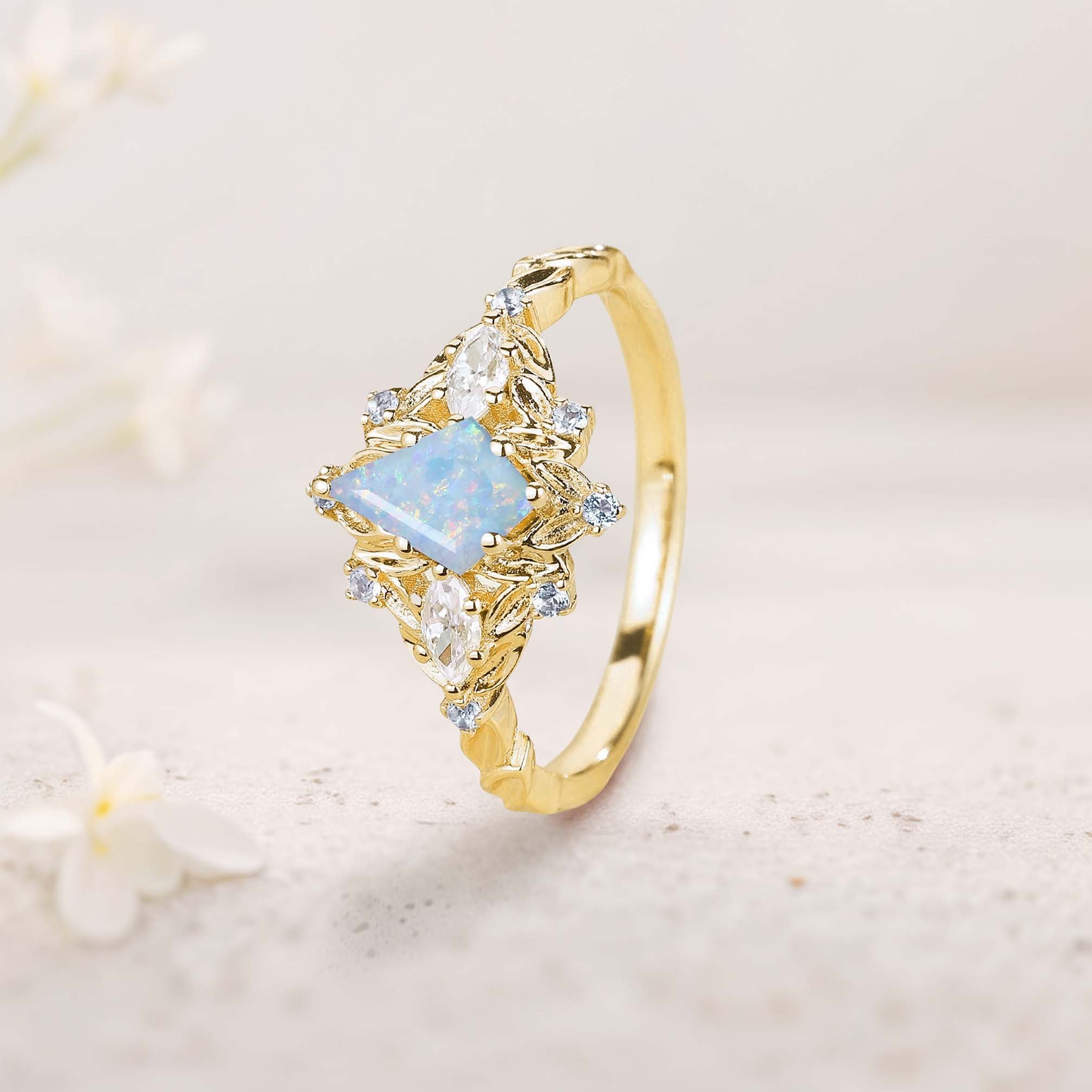 Unique floral engagement rings Kite Lab Opal Engagement Ring Leaf Flower Aquamarine 18K Yellow Gold Wedding Ring