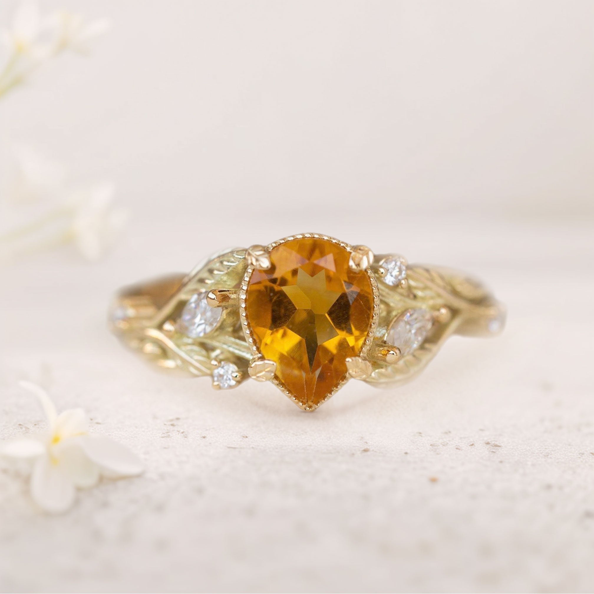 Unique floral engagement rings Pear Citrine 18K Yellow Gold Engagement Ring flower Ring