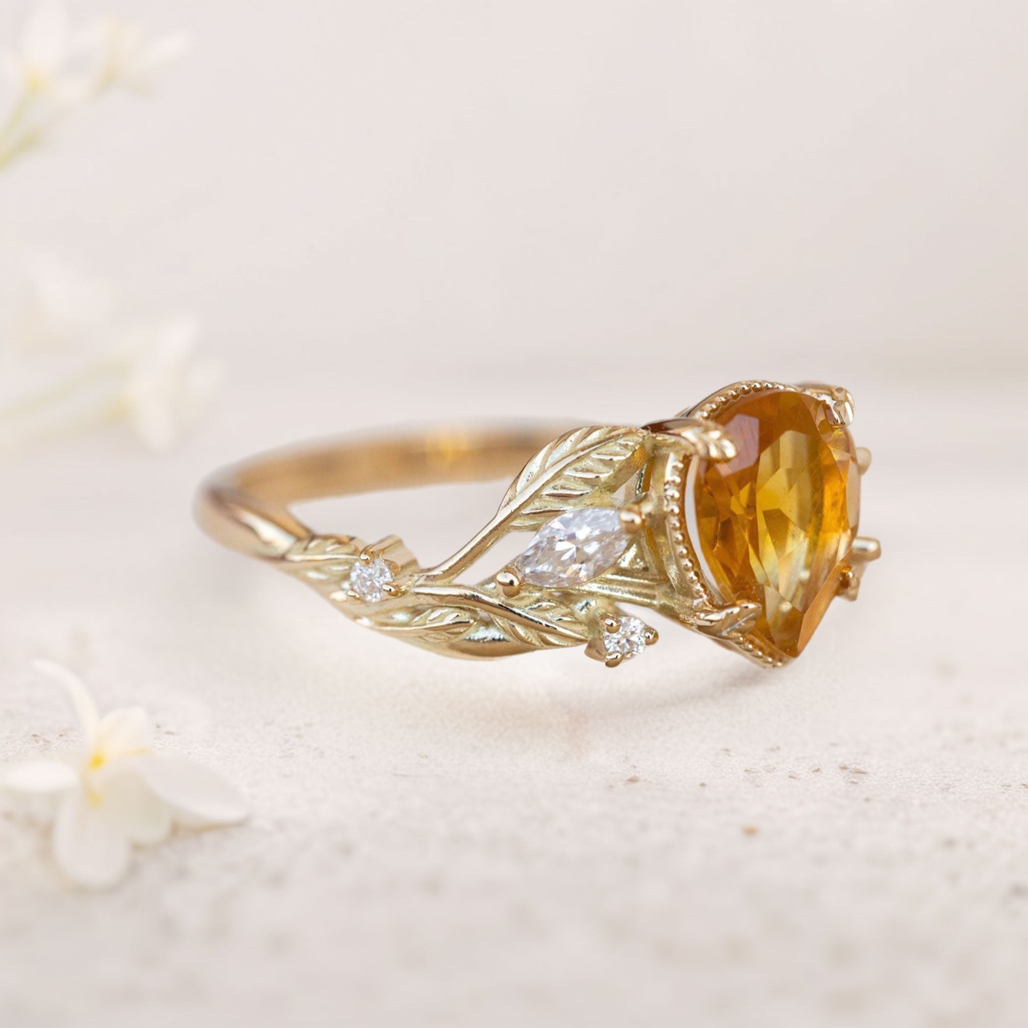 Unique floral engagement rings Pear Citrine 18K Yellow Gold Engagement Ring flower Ring