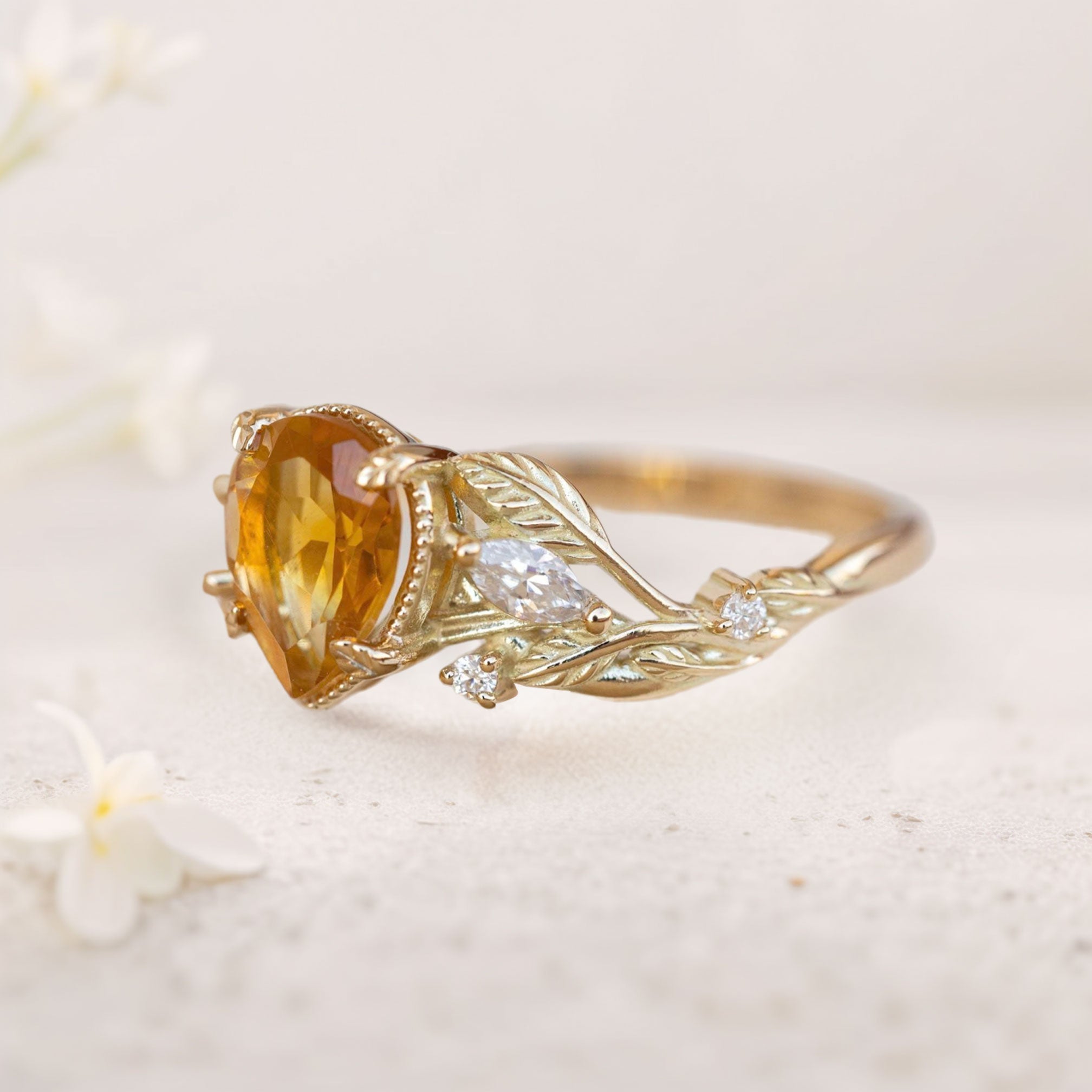 Unique floral engagement rings Pear Citrine 18K Yellow Gold Engagement Ring flower Ring