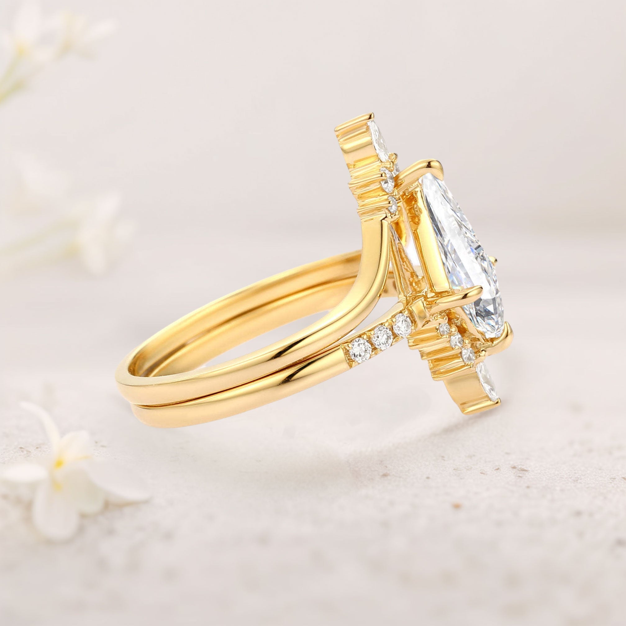 Unique floral engagement rings Moissanite Curved 18K Yellow Gold Engagement Ring Set