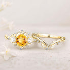 Unique floral engagement rings Round Citrine Leaf 18K Yellow Gold Engagement Ring Set Moissanite Cluster Flower Wedding Band