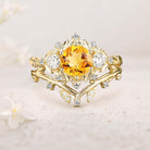 Unique floral engagement rings Round Citrine Leaf 18K Yellow Gold Engagement Ring Set Moissanite Cluster Flower Wedding Band