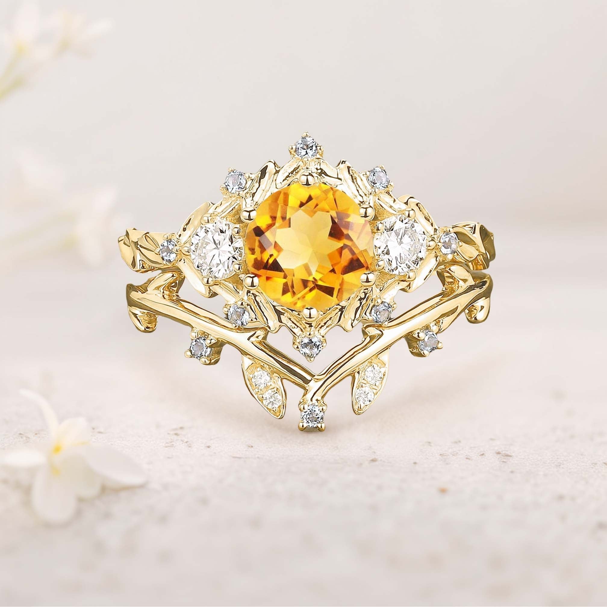 Unique floral engagement rings Round Citrine Leaf 18K Yellow Gold Engagement Ring Set Moissanite Cluster Flower Wedding Band