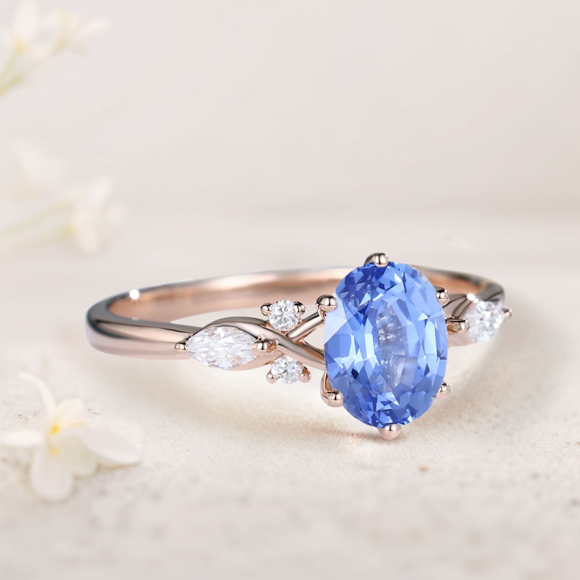 Vintage Oval Lab Sapphire and Moissanite 18K Rose Gold Engagement Ring