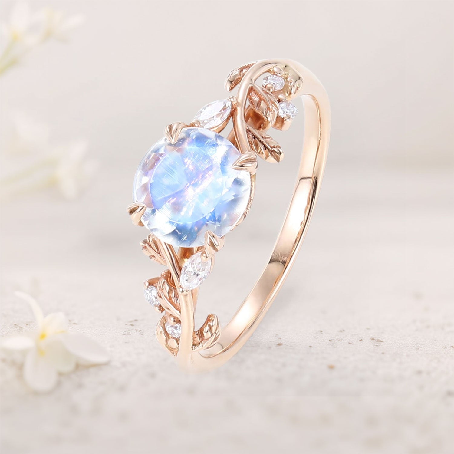 Unique Nature-Inspired Round Lab Moonstone 18K Yellow Gold Engagement Ring Bridal Ring