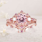 Unique floral engagement rings Round Lab Padparadscha and Moissanite 18K Rose Gold Engagement Ring Set