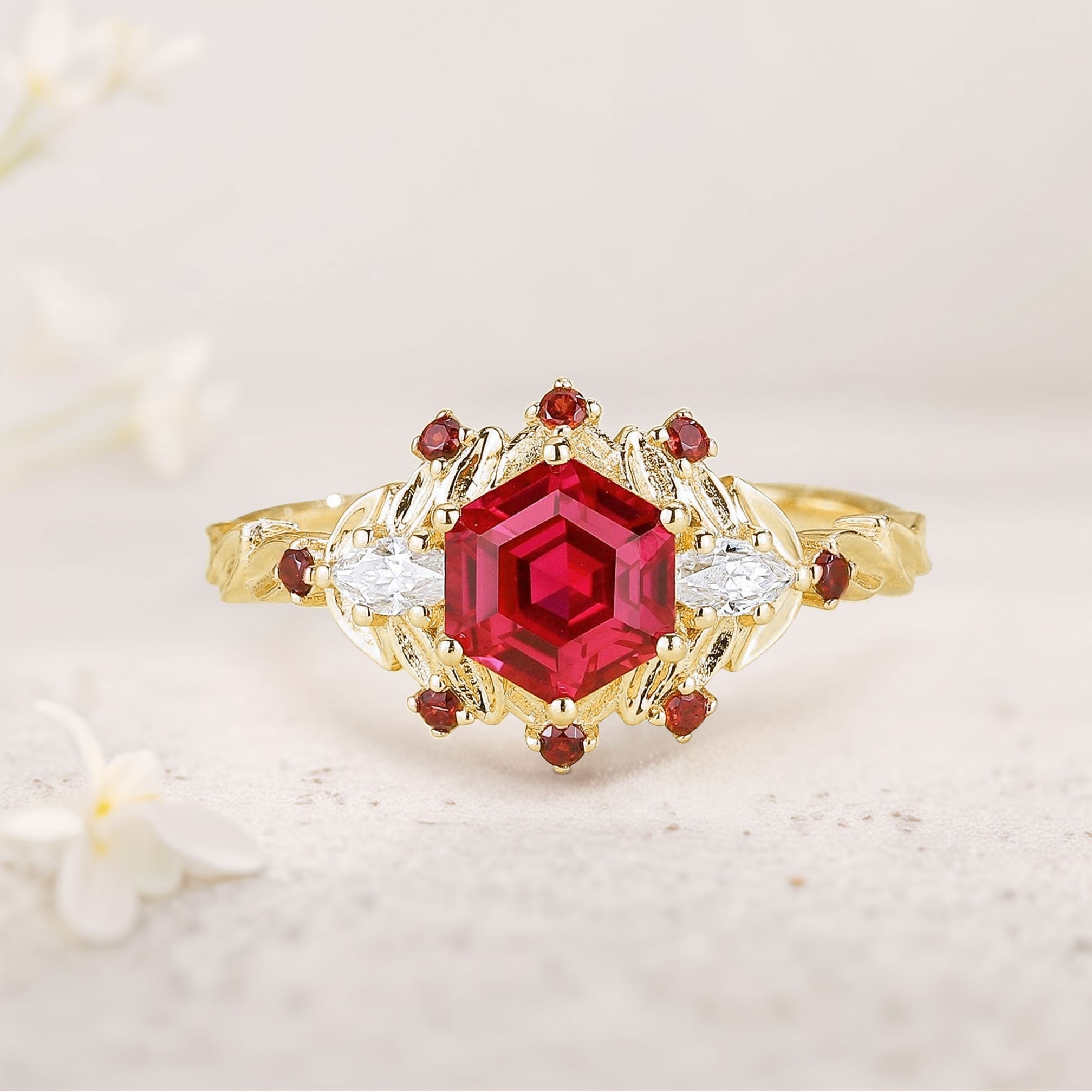 Unique Hexagon Lab Ruby Flower Engagement Ring Halo Leaf 18K Yellow Gold Wedding Ring For Women
