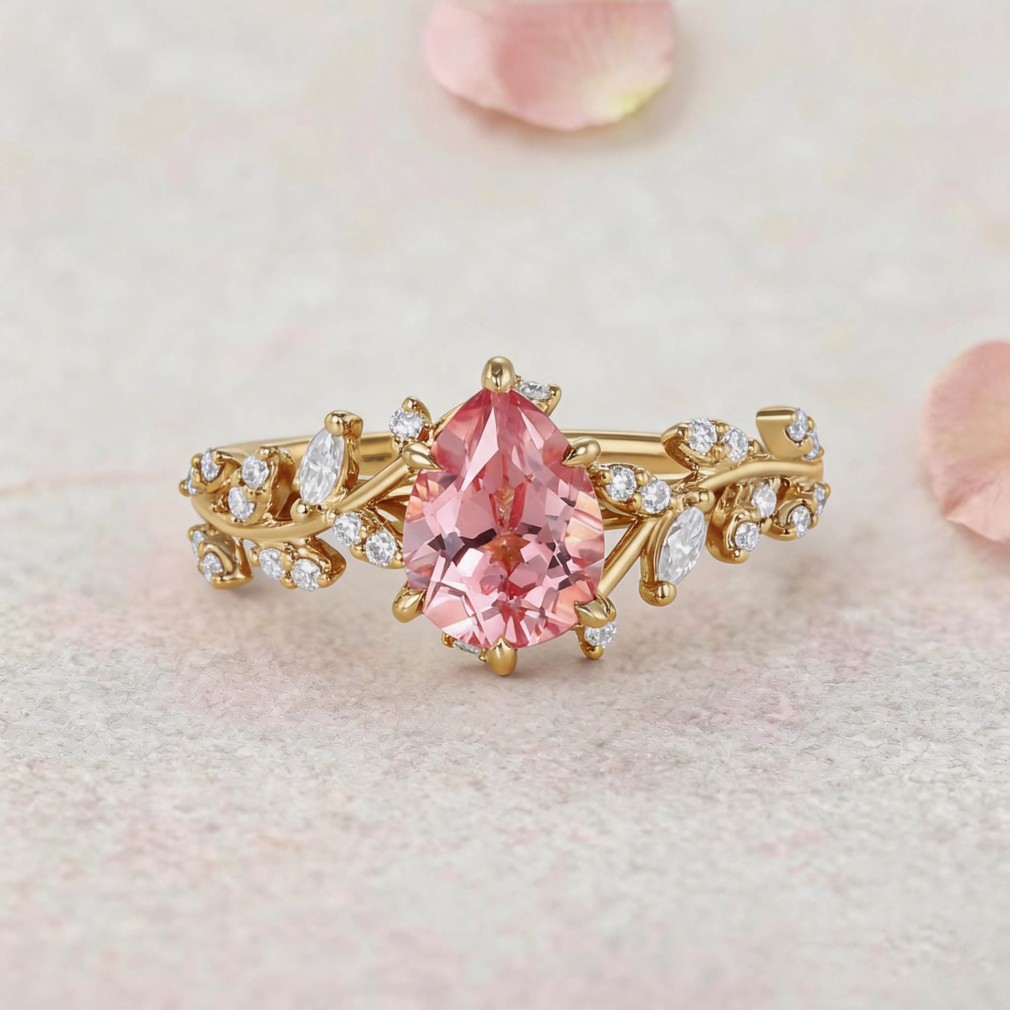 Vintage Botanical Pear Cut Pink Sapphire and Diamond 14K Rose Gold Engagement Ring