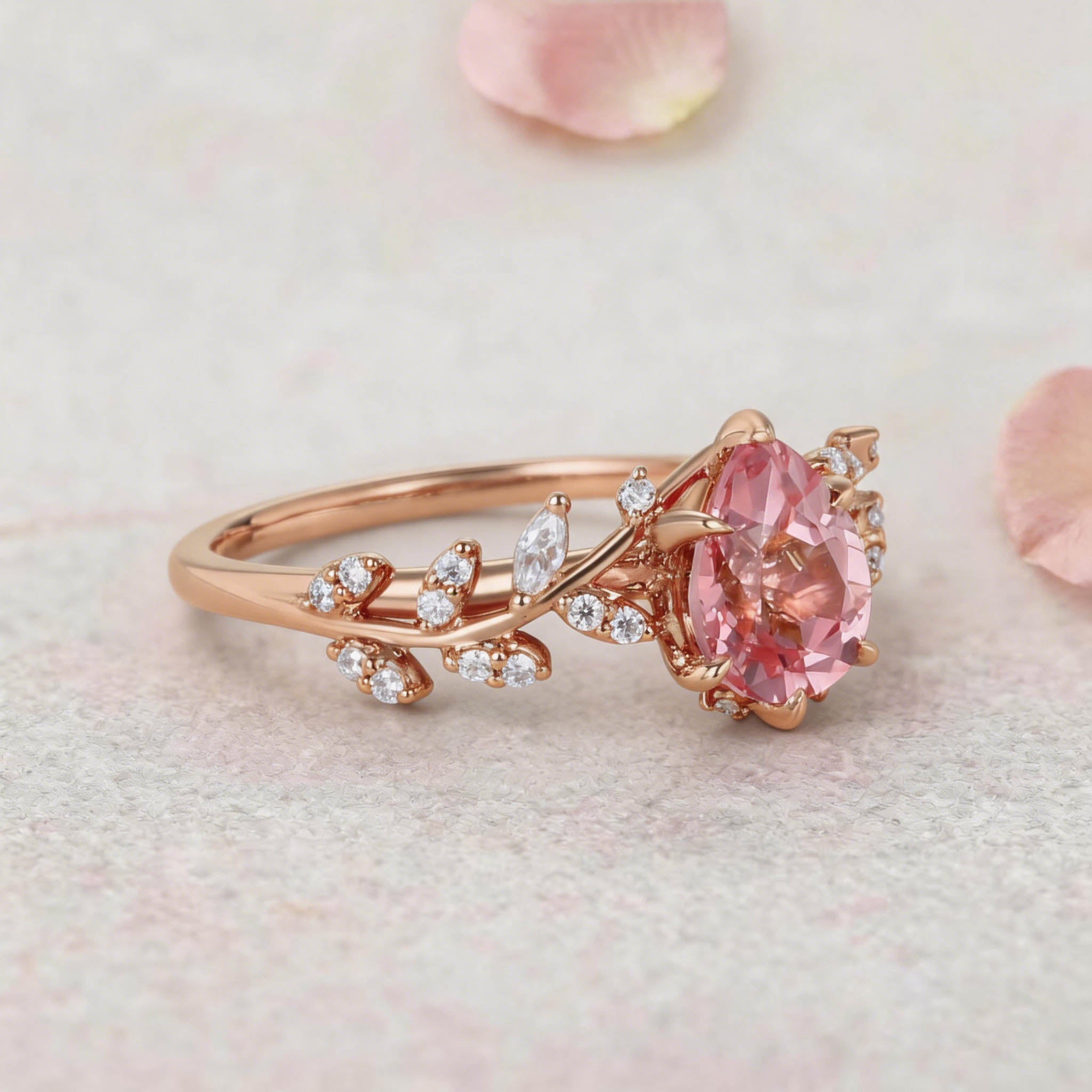 Vintage Botanical Pear Cut Pink Sapphire and Diamond 14K Rose Gold Engagement Ring