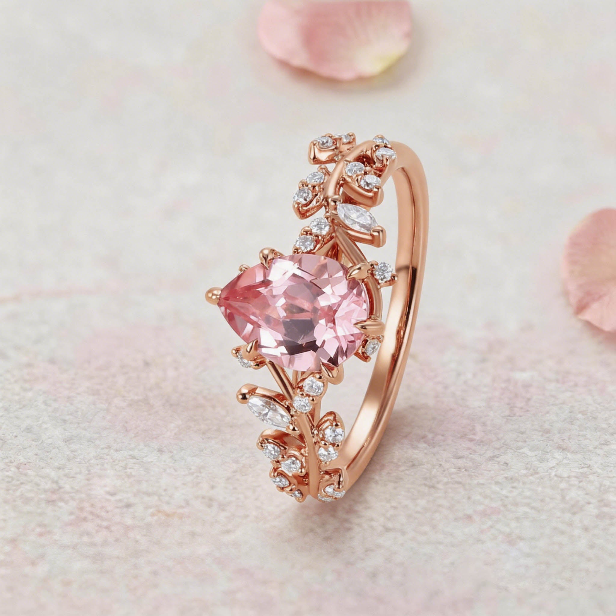 Vintage Botanical Pear Cut Pink Sapphire and Diamond 14K Rose Gold Engagement Ring