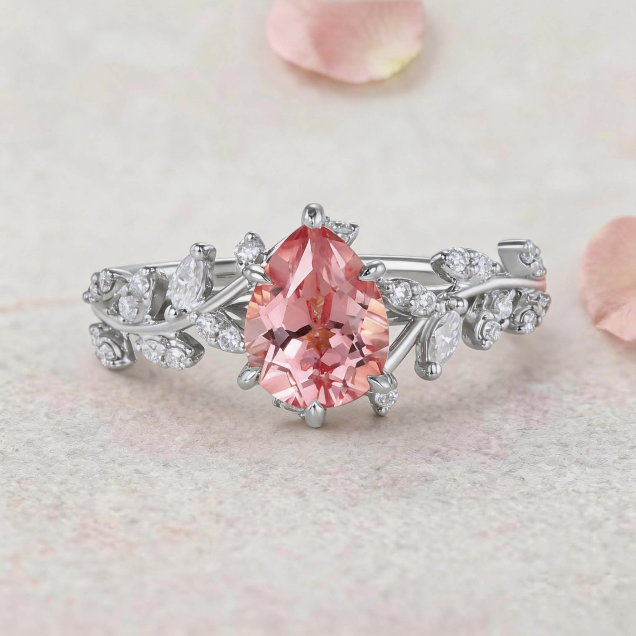 Vintage Botanical Pear Cut Pink Sapphire and Diamond 14K Rose Gold Engagement Ring