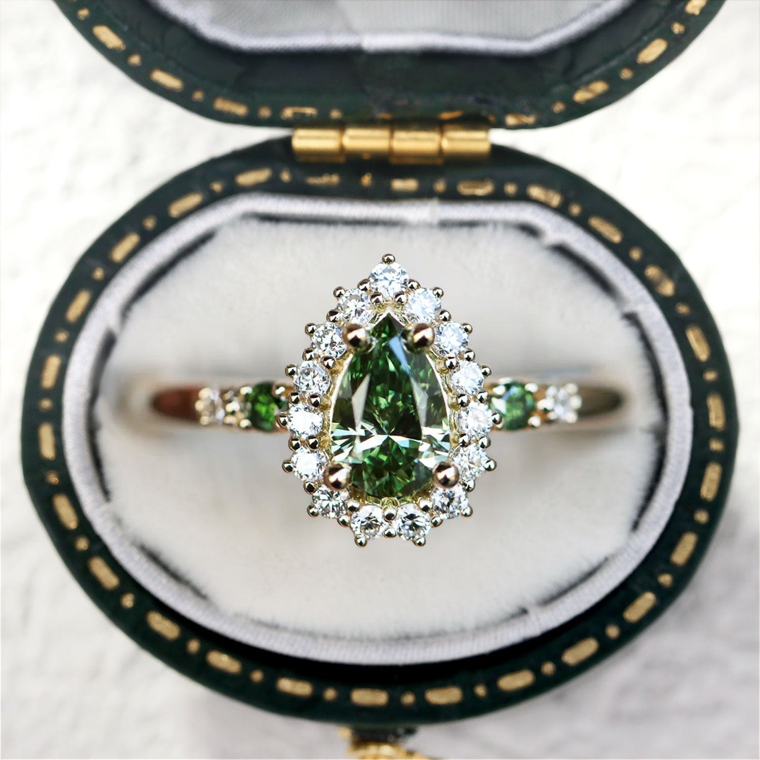 Pear Green Lab Sapphire Moissanite Halo Engagement Ring - Orlina Jewelry