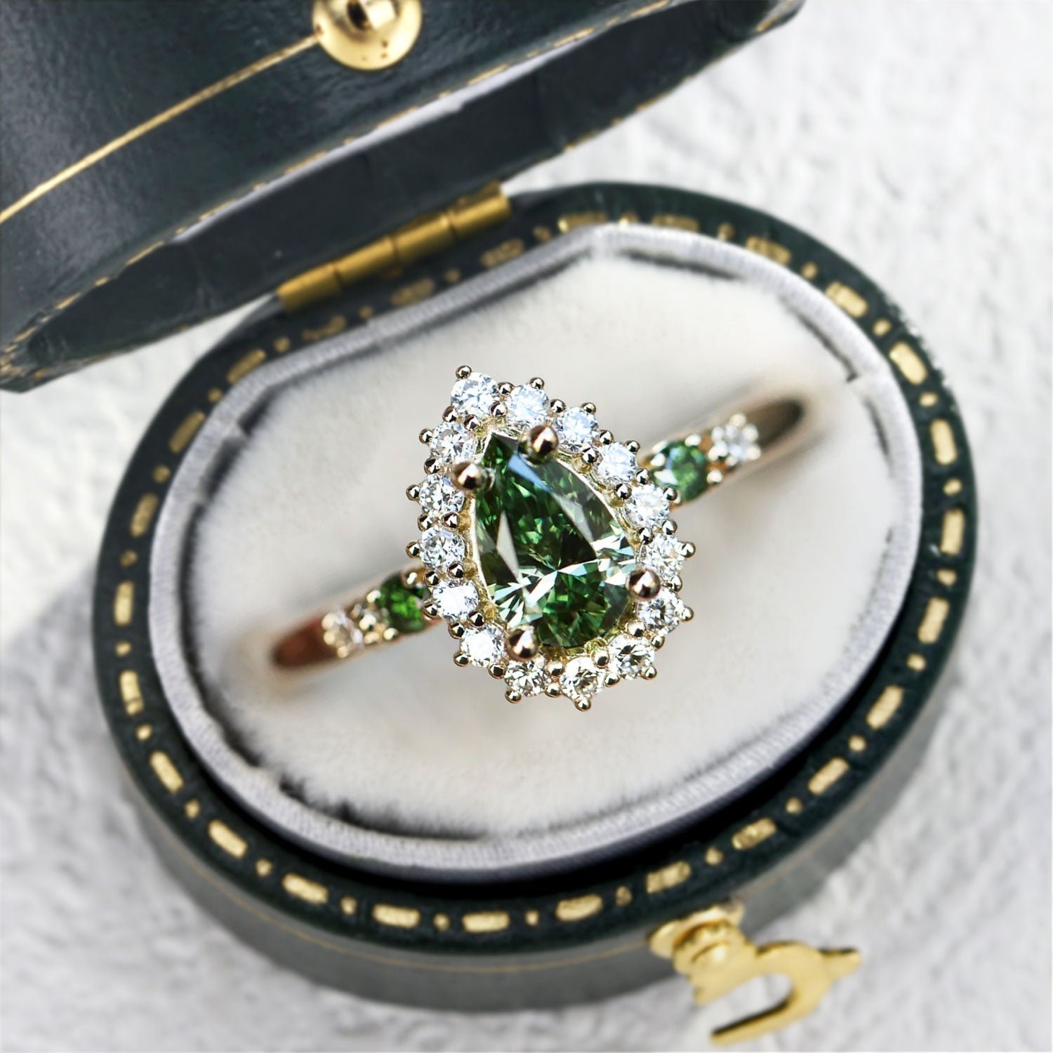 Pear Green Lab Sapphire Moissanite Halo Engagement Ring - Orlina Jewelry