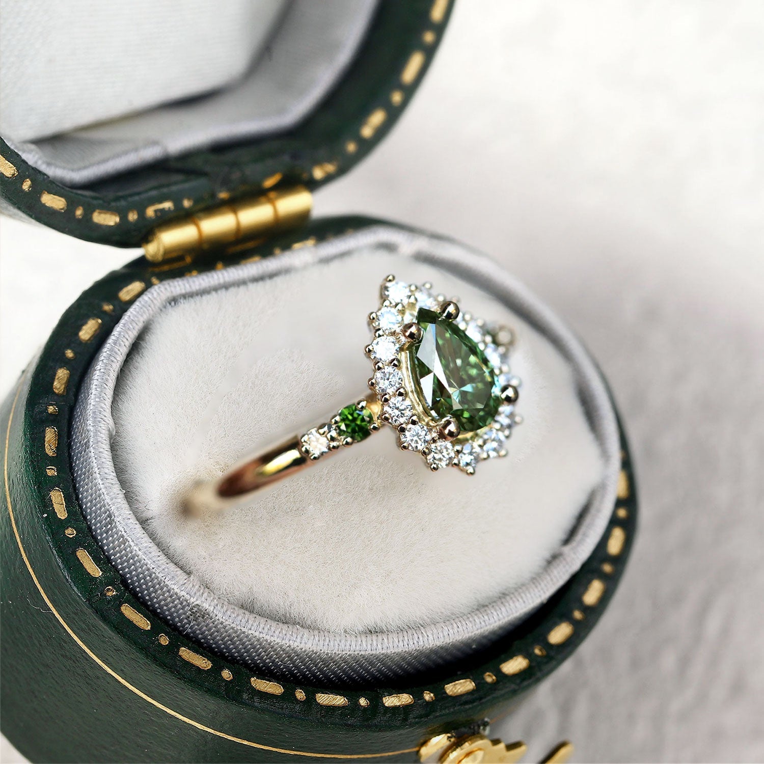 Pear Green Lab Sapphire Moissanite Halo Engagement Ring - Orlina Jewelry
