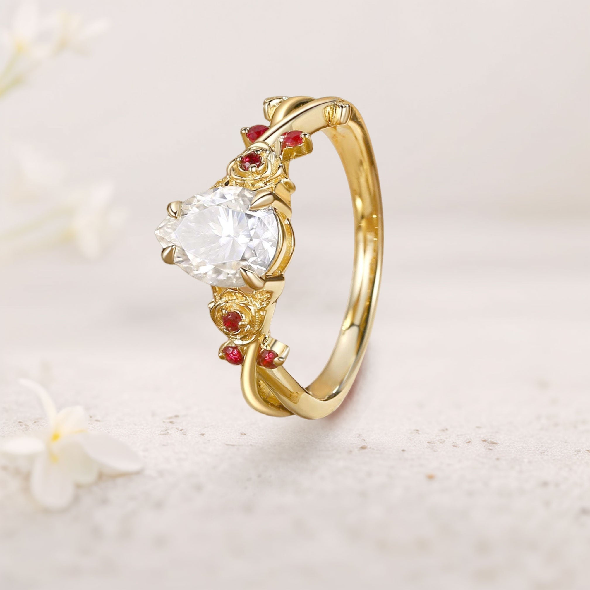 Unique floral engagement rings Pear Moissanite Rose Flower Inspired 18K Yellow Gold Engagement Ring