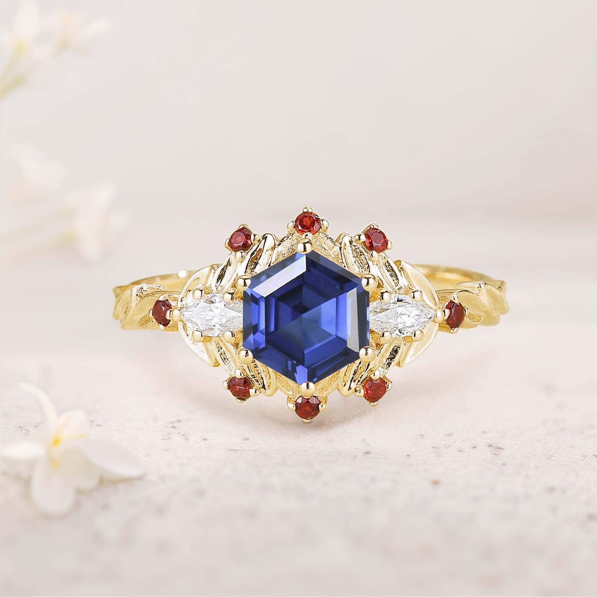Unique Hexagon Lab Sapphire Flower 18K Yellow Gold Engagement Ring Halo Leaf Wedding Ring For Women
