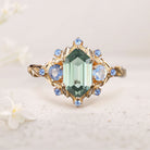 Unique floral engagement rings Three Stone Hexagon Green Lab Sapphire 18K Yellow Gold Engagement Ring