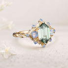 Unique floral engagement rings Three Stone Hexagon Green Lab Sapphire 18K Yellow Gold Engagement Ring