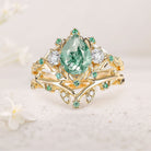 Unique Moss Agate Wedding Ring Set Twig Engagement Ring Leaf 18K Yellow Gold Promise ring Set