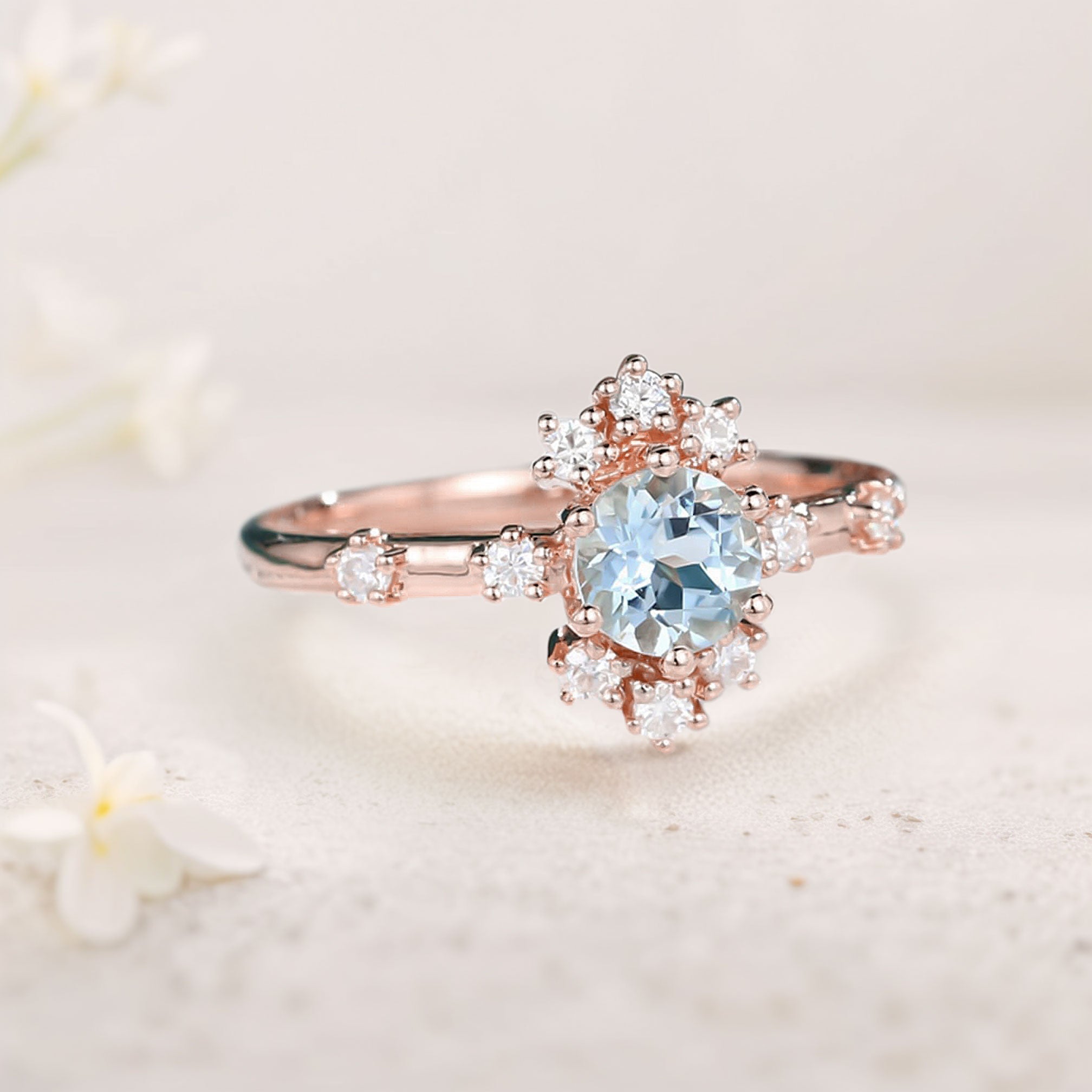 Unique Round Lab Aquamarine 18K Rose Gold Promise Ring For Women