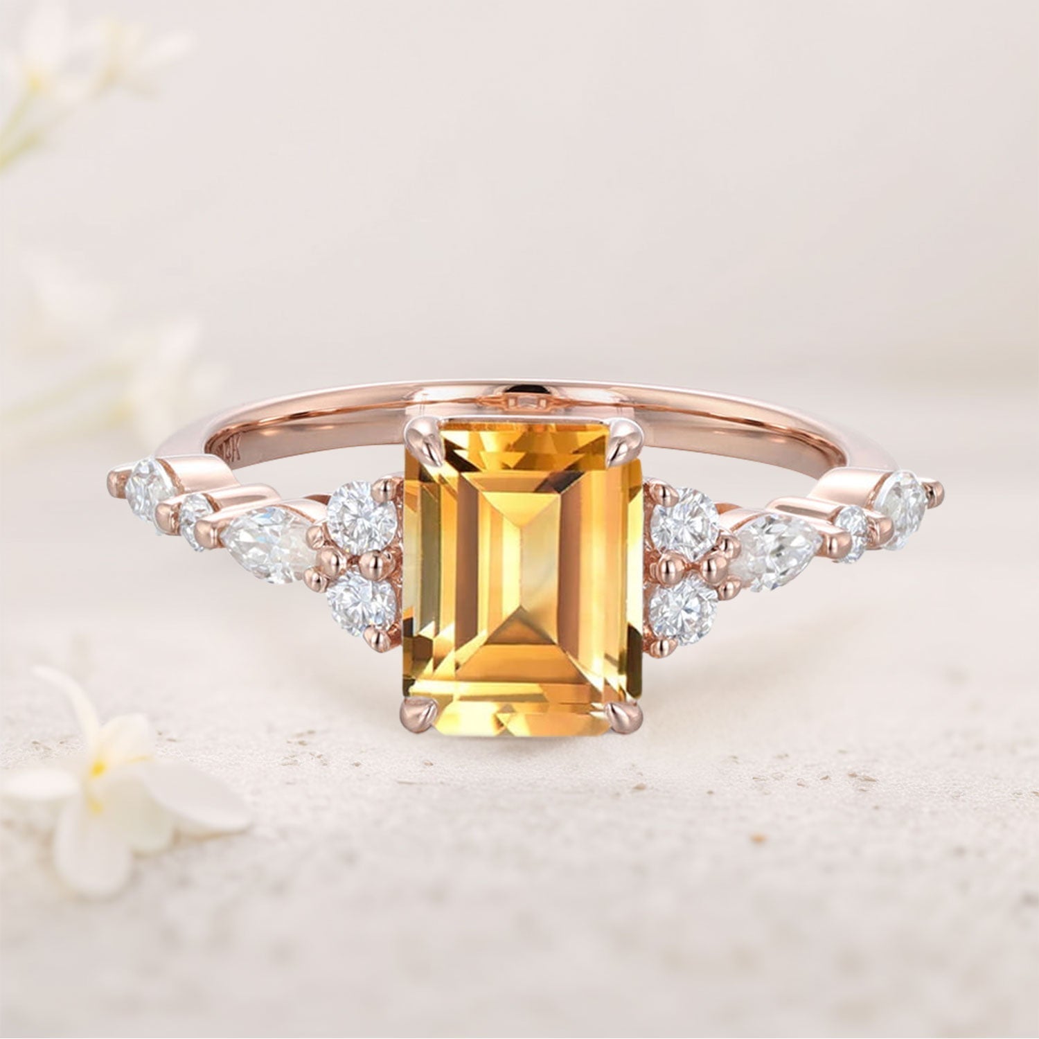 Vintage Emerald Cut Citrine 18K Rose Gold Engagement Ring for Women