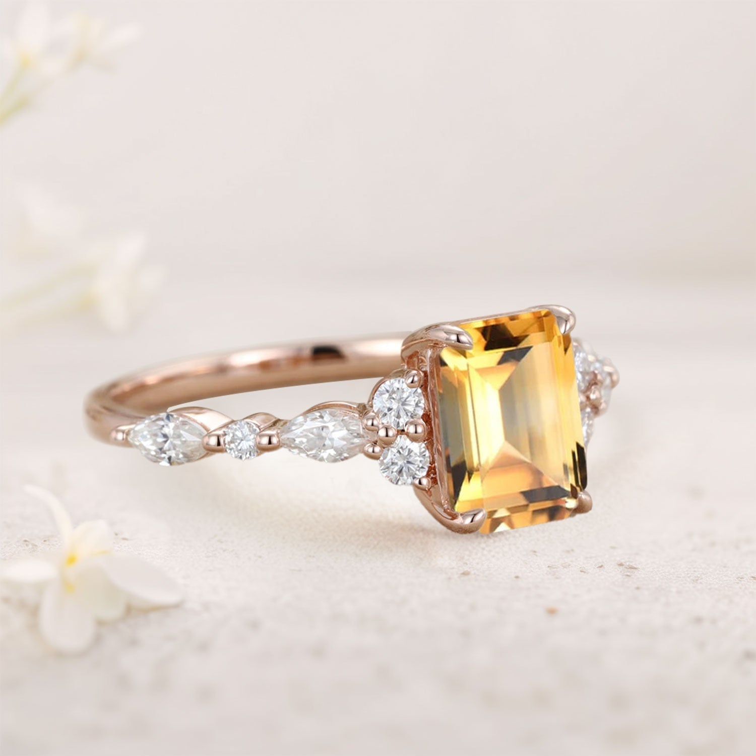 Vintage Emerald Cut Citrine 18K Rose Gold Engagement Ring for Women