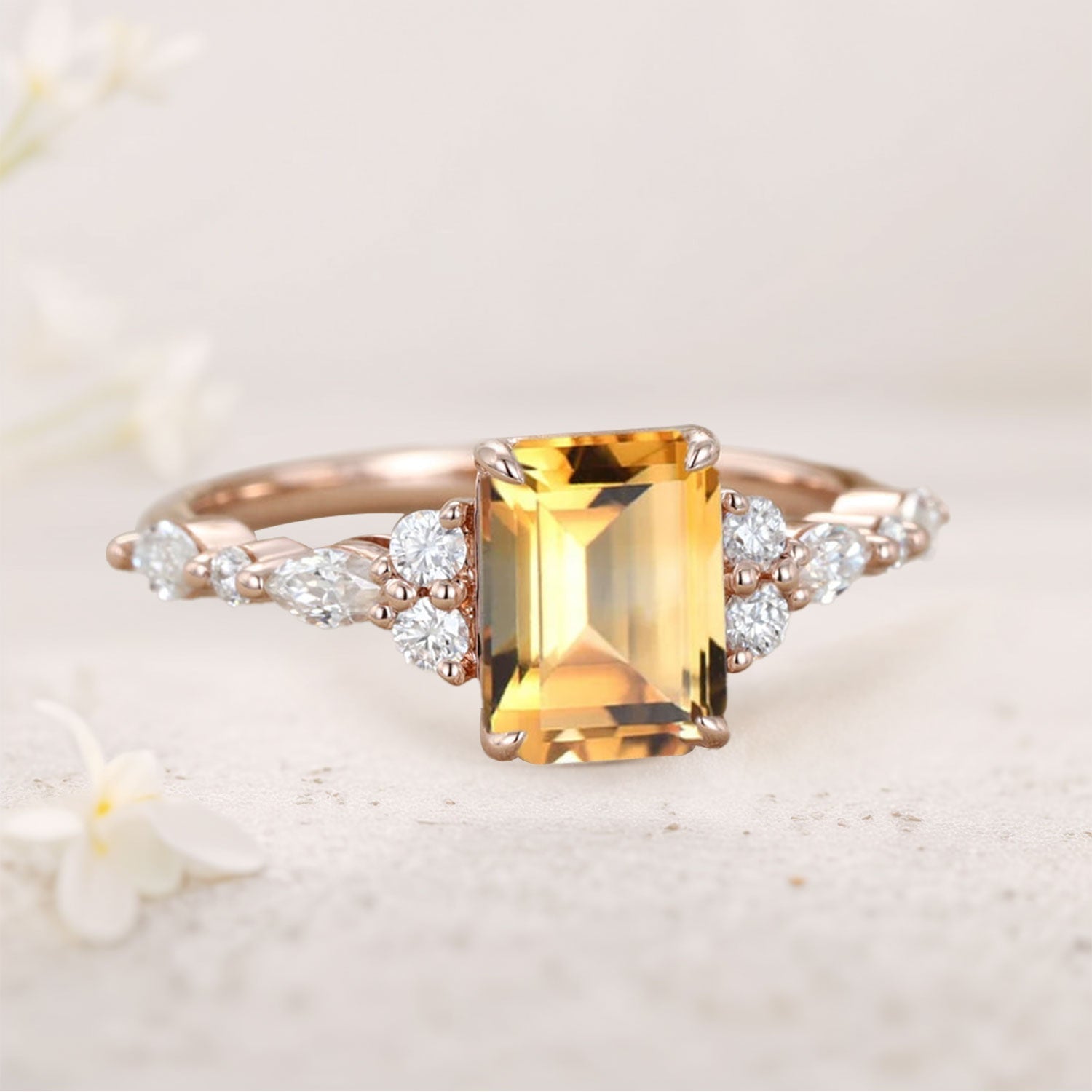 Vintage Emerald Cut Citrine 18K Rose Gold Engagement Ring for Women