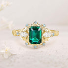 Unique Lab Emerald Flower Engagement Ring Halo Leaf 18K Yellow Gold Wedding Ring