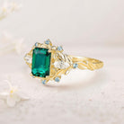 Unique Lab Emerald Flower Engagement Ring Halo Leaf 18K Yellow Gold Wedding Ring