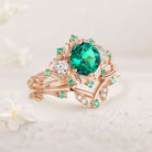 Vintage Round Lab Emerald Engagement Ring Set for women Leaf 18K Yellow Gold Wedding Ring Set