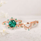 Vintage Round Lab Emerald Engagement Ring Set for women Leaf 18K Yellow Gold Wedding Ring Set