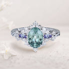 Vintage Briar Rose Oval Green Lab Sapphire and Blue Sapphire 18K Rose Gold Engagement Ring Vine Ring
