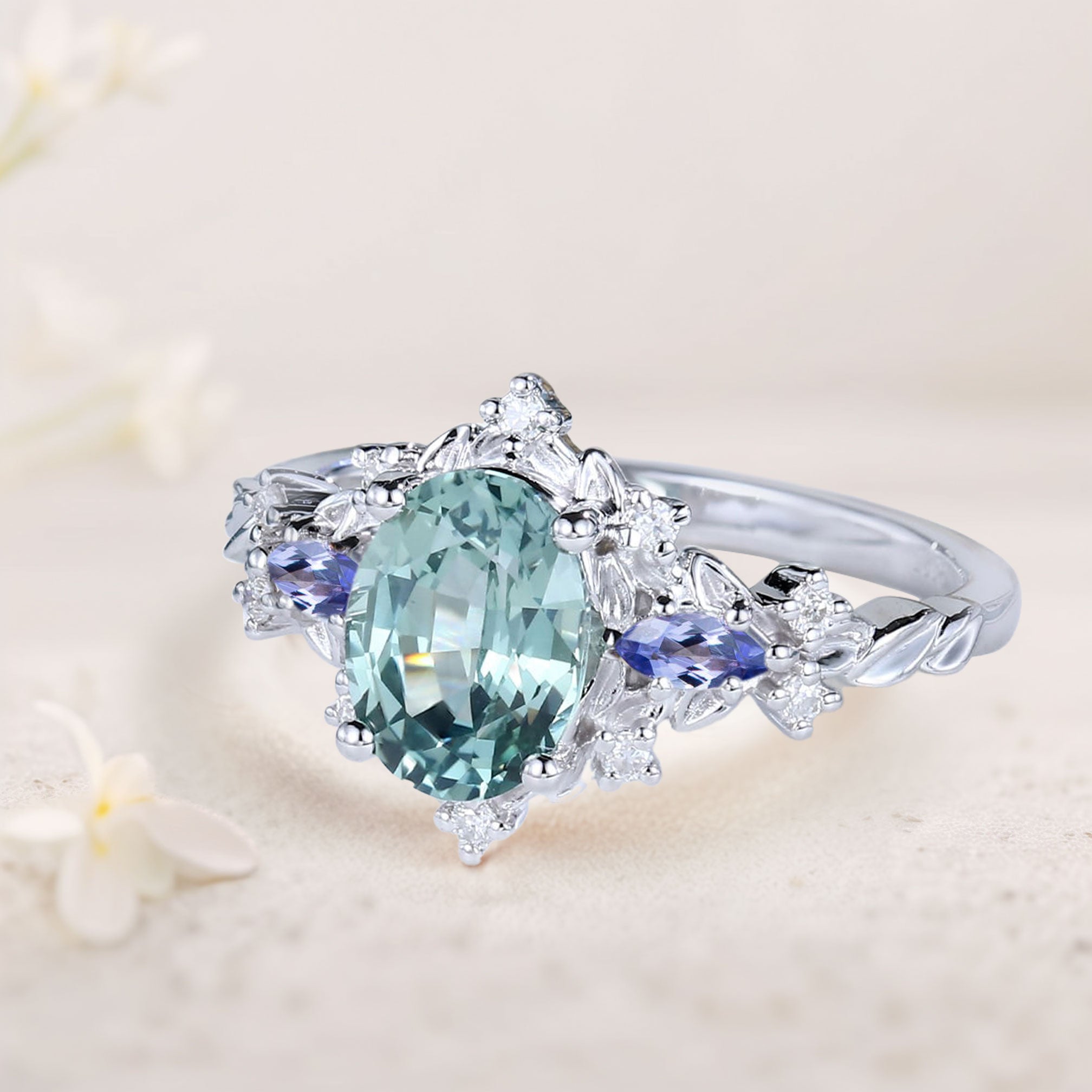 Vintage Briar Rose Oval Green Lab Sapphire and Blue Sapphire 18K Rose Gold Engagement Ring Vine Ring