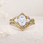 Vintage Three Stone Oval Moissanite18K Yellow Gold Bridal Ring Set