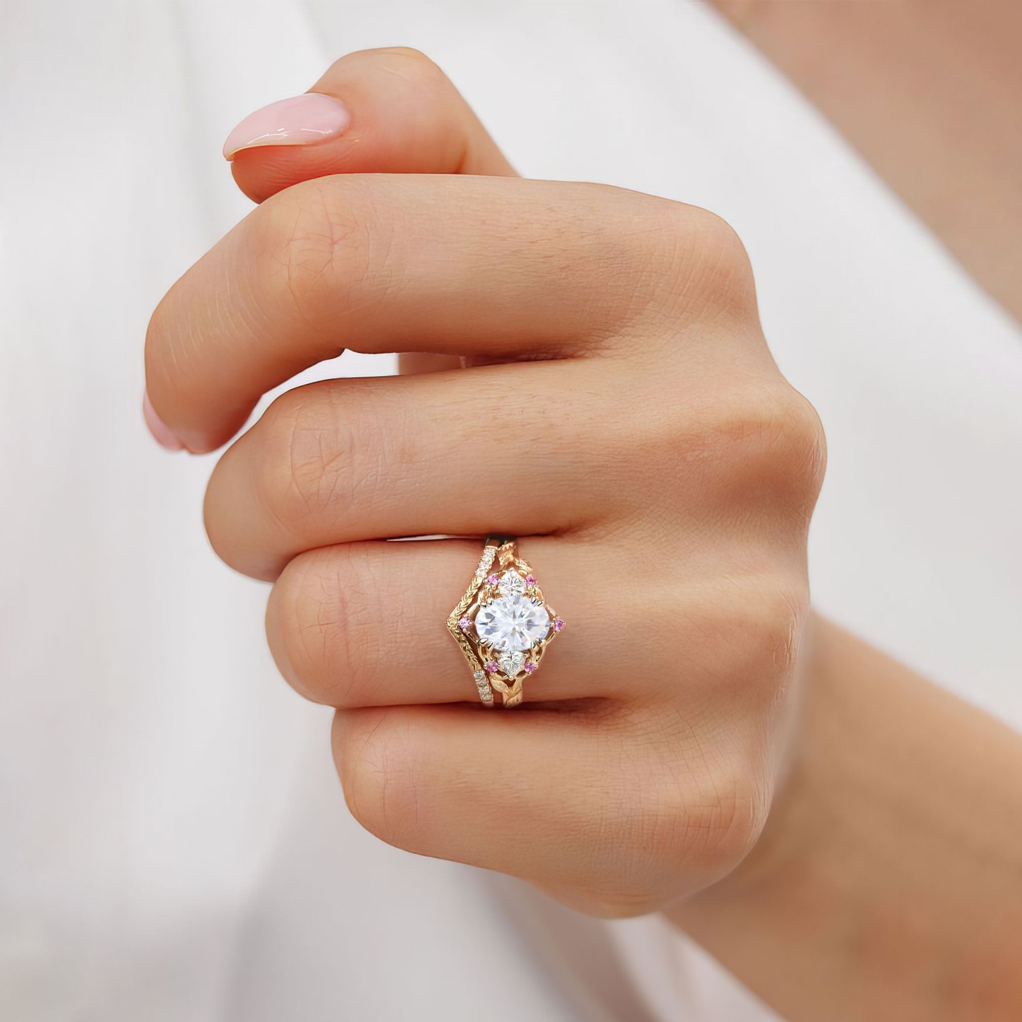 Vintage Three Stone Oval Moissanite18K Yellow Gold Bridal Ring Set