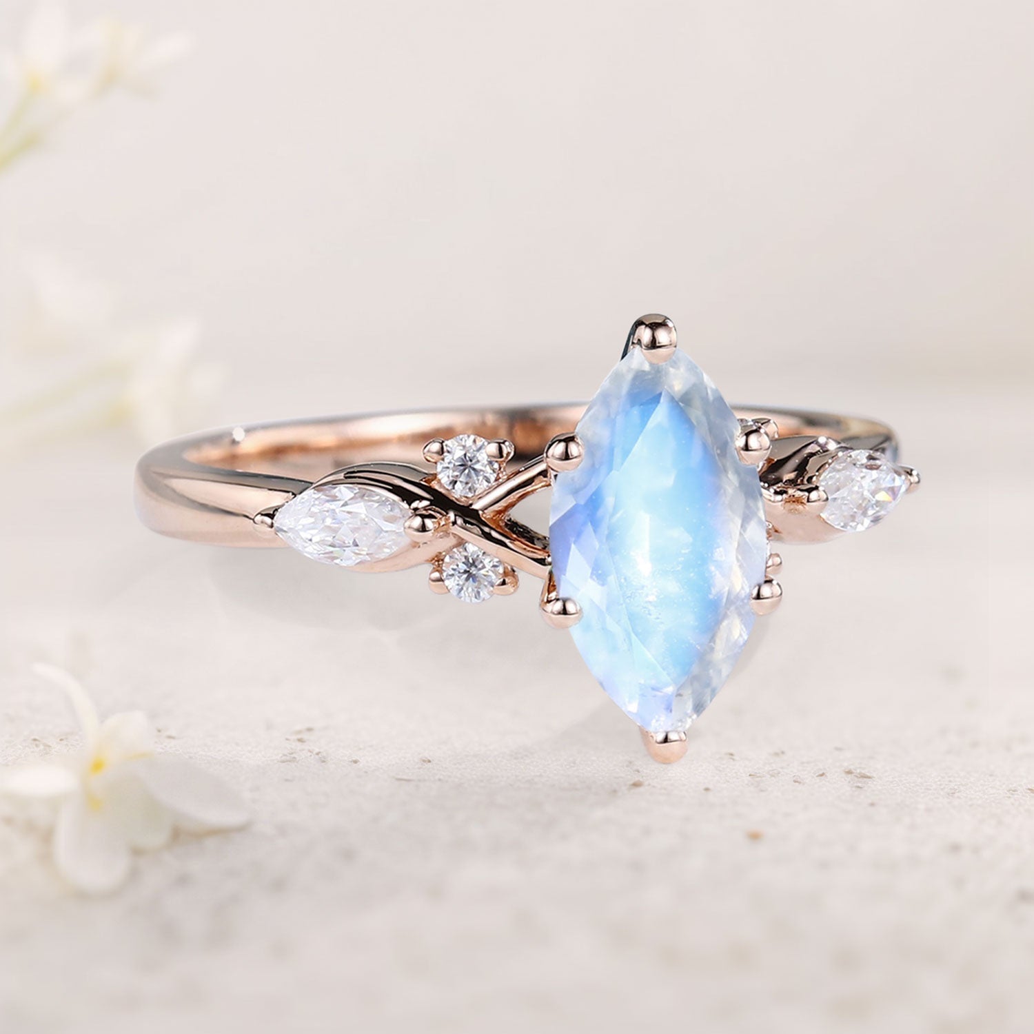 Unique Marquise Lab Moonstone Twist Ring 18K Rose Gold Engagement Ring
