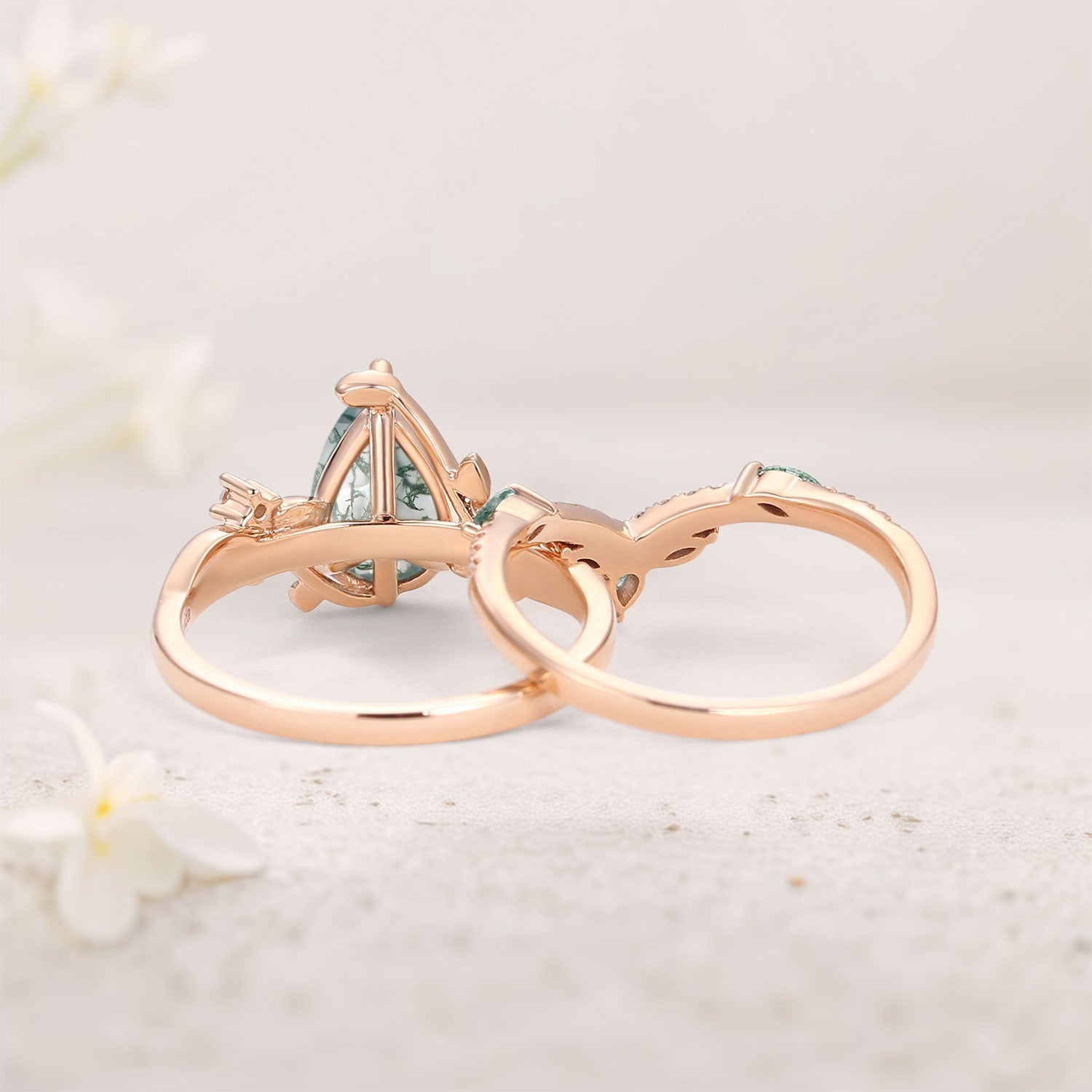 Unique Pear Moss Agate Vine 18K Yellow Gold Engagement Ring Set