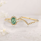 Vintage floral engagement rings Oval Moss Agate Milgrain18K Yellow Gold Engagement Ring Set