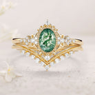 Vintage floral engagement rings Oval Moss Agate Milgrain18K Yellow Gold Engagement Ring Set